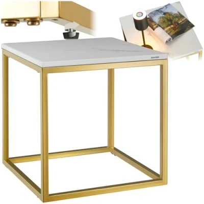 Afbeelding van tectake® Marmeren Bijzettafel Alysia Wit/Goud Vierkante Koffietafel 45 x 47,5 cm Salontafel Nachtkastje Draagkracht 12kg Banktafel Bedtafel