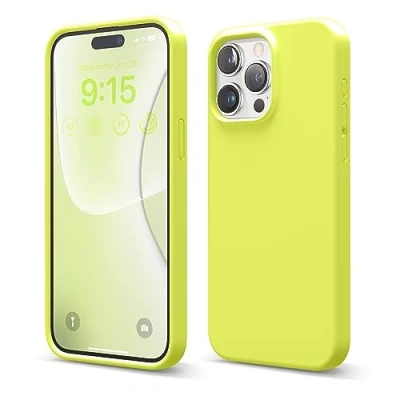 Afbeelding van elago Vloeibare siliconen case compatibel met iPhone 15 Pro Max, hoogwaardig, integraal beschermend, 4 laagse, schokbestendige structuur, zachte anti kras microvezel voering, fluorescerend geel