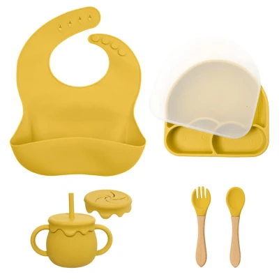 Afbeelding van Dutsi Frosty Cloud Baby Eetset: Het Complete 7 Delige Siliconen Servies Cadeau Mosterdgeel