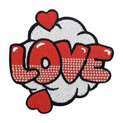 Afbeelding van Finally Home Love Comic Style Patch om op te strijken, hartmotief, tekstbel, opstrijkbaar, rood/wit