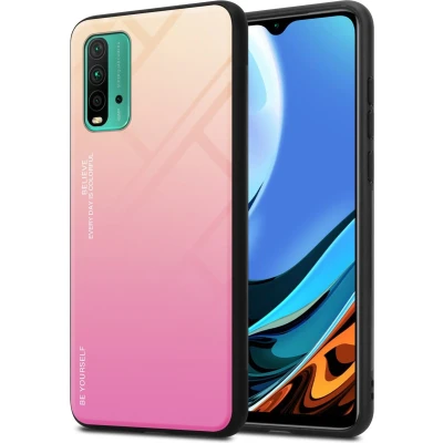 Afbeelding van Cadorabo Hoesje geschikt voor Xiaomi RedMi 9T / POCO M3 in GEEL ROZE Tweekleurige beschermhoes van TPU silicone Case Cover en achterzijde gehard glas