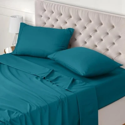 Afbeelding van Utopia Bedding Beddengoed, 180 x 200 cm, bedlaken voor tweepersoonsbed, 4 delige lakenset, polyester microvezel, 1 hoeslaken 200, laken 270 290 cm en 2 kussenslopen 50 75 denim blauw