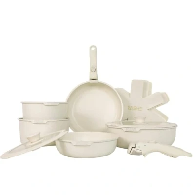 Image de YASHE Lot de 13 casseroles et poêles en granit antiadhésives avec couvercle, pour tous les types feux, poignée amovible, passe au four, empilable, peu encombrant
