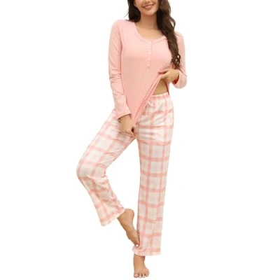 Afbeelding van Reliwel Damespyjamaset van katoen, geruit, loungewear met lange mouwen, bovendeel knoopsluiting en geruite broek, zachte nachtkleding, casual nachtkleding inclusief, Roze