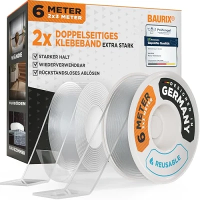 Afbeelding van BAURIX® nano Plakband Dubbelzijdig [6m] Extra sterke dubbelzijdige tape Wasbare silicone double sided transparant Veelzijdige magic