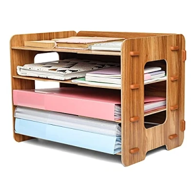Afbeelding van EXERZ Houten bestandsorganizer, 4 niveaus, voor kantooropslag, benodigdheden, studentenhuiswerk, schoolwerk, notitieboek, brieven en tijdschriften, stationair, doe het zelf decoratie (hout)