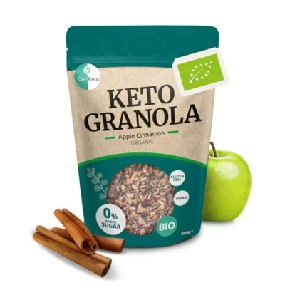 Image de Go Keto Bio Granola Apple Cinnamon 290 g Céréales à faible teneur en glucides pour un délicieux petit déjeuner Keto, avec copeaux de coco, noix, fruits, graines tournesol et