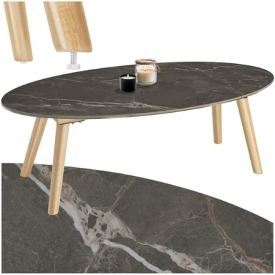 Afbeelding van tectake® Salontafel Woonkamertafel, ovale tafel met houten poten Marmerlook Weerbestendige bijzettafel binnen of buiten Voor terras balkon Zwart
