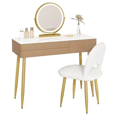 Afbeelding van WOLTU Kaptafelset met verstelbare led spiegel en fluwelen stoel, make uptafel 3 laden van massief hout, groot blad 100 x 40 cm, kaptafel, kaki + goud, MB6105kk
