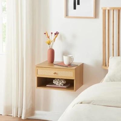 Afbeelding van Wandrek Eiker met lade 40x31,5x23 cm eikenkleurig en rotan look [en.casa]
