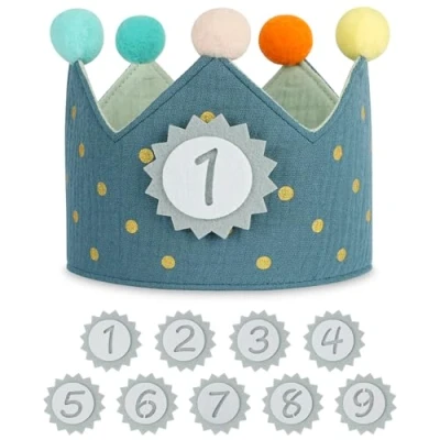 Afbeelding van URAQT verjaardagskrans met cijferknop 0 9 voor meisjes en jongens, feesthoeden kinderverjaardag, feestdecoratie, Blauw stippen