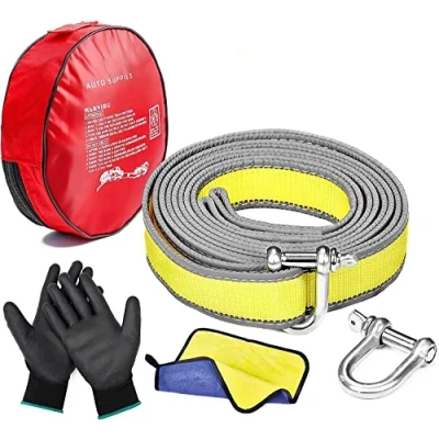 Afbeelding van Sleeptouw voor de auto, fluorescerende band, 5 m x cm, 9 T, sleepkabel, noodsleepriem, robuust, met twee dikke U vormige haken, handschoenen, reinigingsdoekjes