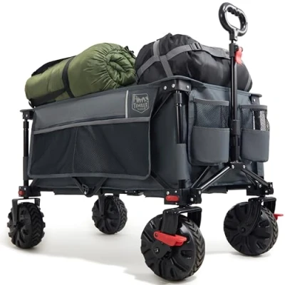Afbeelding van TIMBER RIDGE XXL Opvouwbare transportwagen met rem trolley strand wielen offroad afneembare verstelbare handgreep zijvak voor tuin camping picknick BBQ Match