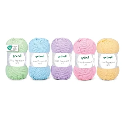 Afbeelding van Gründl Lisa Premium Uni garen voor breien en haken, 100% Polaycryl, 50 g/133 m, 5 bollen van g, strcikset, babygroen, blauw, paars, roze, geel
