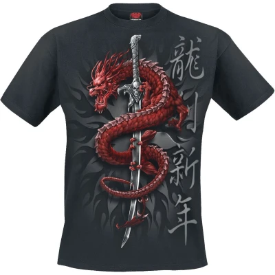 Afbeelding van Spiral Oriental Dragon T shirt, zwart, zwart.