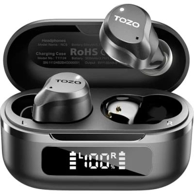 Afbeelding van TOZO Hybride draadloze hoofdtelefoon met actieve ruisonderdrukking, 6 ENC microfoons, heldere oproepen, IPX8 waterdicht, Bluetooth 5.3 in ear hoofdtelefoon, stereo bas, 59 speeltijden display