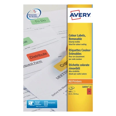 Image de Avery Zweckform L6034 20 étiquettes amovibles A4 63,5 x 33,9 mm (480 étiquettes) rouge