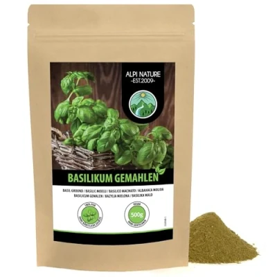 Afbeelding van gemalen basilicum (500 g), basilicumpoeder, 100% natuurlijk en zonder toevoegingen, zacht gedroogd basilicumpoeder