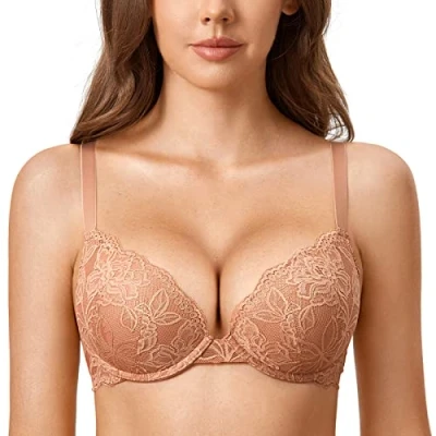 Afbeelding van DOBREVA Dames push up beha kant met beugels diep gevoerd gevormd, Roomkoffie
