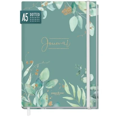 Afbeelding van Paper &amp;you® Bullet Journal gestippeld A5 met elastiek [Minty Leaves] 156 pagina&#039;s notitieboek gestippeld, dagboek duurzaam en klimaatneutraal