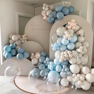 Afbeelding van baby blauwe Ballonnenboogset, 122 stuks stoffige ballonnen boog slinger set met zand wit, transparante ballon voor verjaardagsfeestdecoratie, babyshower, afstuderen, boho bruiloft