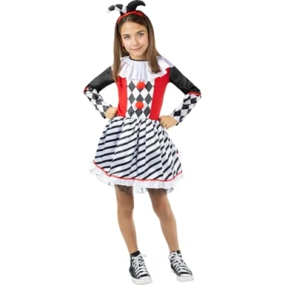 Afbeelding van Funidelia Harlekijn Kostuum voor meisjes Clowns, Circus, Originele en Leuke kinderen Accessoire verkleedkleding rekwisieten Halloween, carnaval &amp; feesten Maat 122 134 cm Zwart