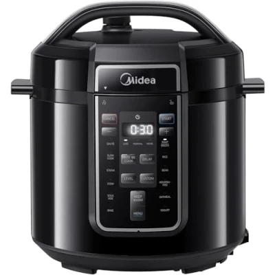 Afbeelding van Midea 9 in 1 snelkookpan, 12 vooraf ingestelde programma&#039;s, instant roestvrijstalen multikoker met antiaanbaklaag, yoghurtmaker, rijstkoker, langzaam koken, roerbakken, stoom, 8 kwarten, zwart