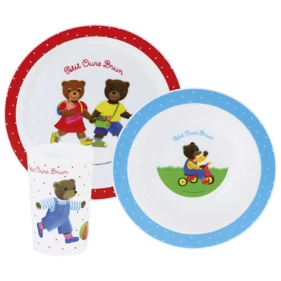 Afbeelding van FUN HOUSE 005444 Kleine bruine beer maaltijdset met 1 bord, kom en glas voor kinderen, polypropyleen, wit, 26,5 x 8,5 24,5 cm