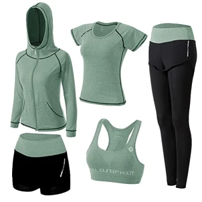 Afbeelding van ZETIY Set van 5 yoga trainingspakken voor dames, trainingspak, joggen, fitnessstudio, fitness, loopkleding, sportkleding, yogakleding, beha, leggings, Groen