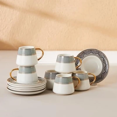 Afbeelding van Karaca Globe Turkse koffiekopjes, set met schoteltjes, voor 6 personen, 12 delig, espressokopjes en mochatbekers, cappuccino, koffieserviesset van porselein