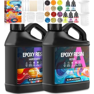 Afbeelding van BBLTIFF Epoxyhars, 2,04 liter, epoxyhars gietset, 1:1 verhouding voor beginners, met verf, houten stok, lepel, wanten, maatbeker, pincet, glitterpoeder, werk
