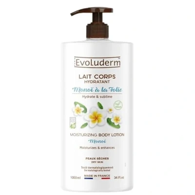 Afbeelding van EVOLUDERM Hydraterende lichaamsmelk Monoi met Folie 1000 ml Ingrediënten van natuurlijke oorsprong Veganistisch Gemaakt in Frankrijk
