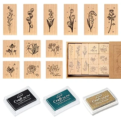 Afbeelding van Rebanky Set van 12 vintage houten rubberen stempels met stempelkussen in 3 kleuren voor kaarten maken, knutselen, scrapbooking