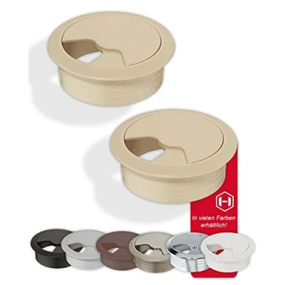 Afbeelding van Set van 2 ronde kunststof kabeldoorvoer H1020 beige kabelgeleiding om te antwoorden kabel boorbox Ø 60 mm kabeluitgang voor kantoor