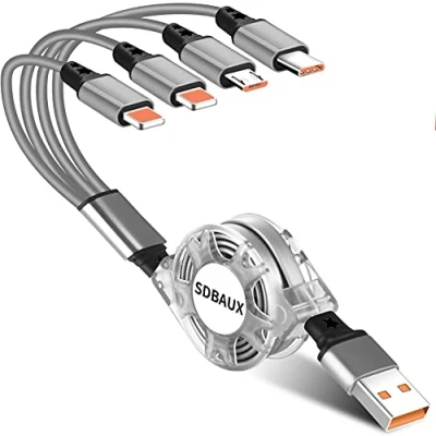Afbeelding van SDBAUX 3A/1 m multikabel, 4 in 1, USB intrekbare snellader met 2 iP/type C/micro aansluiting voor iP smartphone, Samsung Galaxy, Google Pixel 4XL, LG, PS4 (alleen opladen)