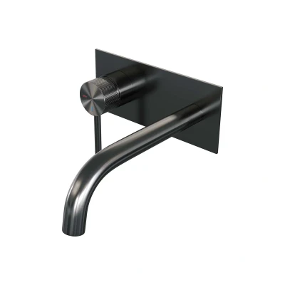 Afbeelding van Brauer gunmetal carving Wastafelmengkraan inbouw gebogen uitloop rechts hendel lang smal afdekplaat model A2 PVD geborsteld