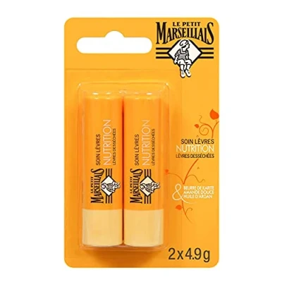 Image de Le Petit Marseillais Soin lèvres Nutrition Desséchées (2 tubes de 4,9 g) Baume à au beurre karité, amande douce et huile d&#039;argan Stick nourrissant