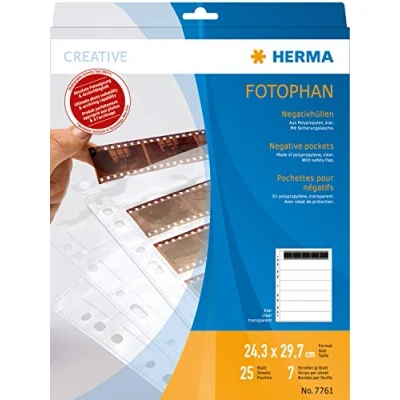 Afbeelding van HERMA 7761 Set van 7 negatieve A4 fotohoezen transparant (7 x 5 strepen, 25 hoezen en vellen) voor kleine foto&#039;s in 35 mm formaat met veiligheidslus europerforatie