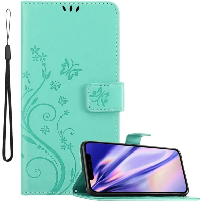 Afbeelding van Cadorabo Hoesje geschikt voor Apple iPhone 12 MINI in BLOEMEN TURKOOIS Beschermhoes bloemmotief met magnetische sluiting, standfunctie en kaartsleuven Book Case Cover Etui
