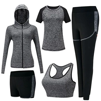 Afbeelding van Zetiy Yoga trainingspak voor dames, 5 delig, sportkleding yoga, fitness, hardlopen, joggen, gymnastiek, grijs.