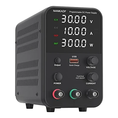 Afbeelding van DC voeding (0 30 V, 0 10 A) instelbaar, schakelbare voeding, variabele laboratoriumbankvoeding, aan/uit uitgangsknop aan/uit/encoder