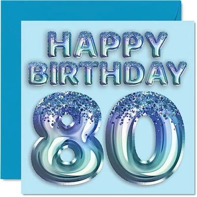 Afbeelding van 80e verjaardagskaart voor mannen blauwe glitterfeestballon verjaardagskaarten 80 jaar, overgrootvader, opa,
