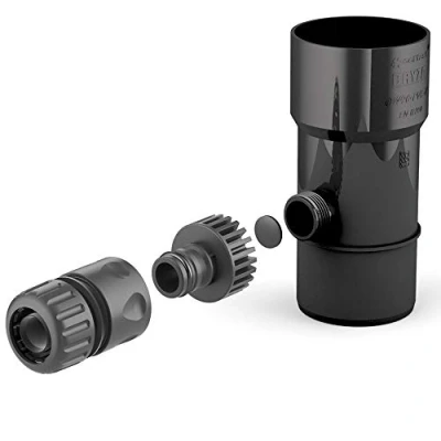 Afbeelding van BRYZA® Regenton afvoergarnituur DN Ø 90 mm zwart Speedy regenwateropvangbak voor regenbuizen, tuinslangfilter, snelkoppeling