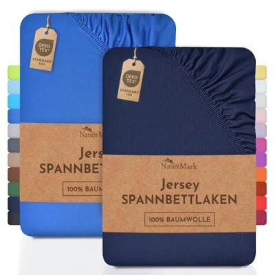 Afbeelding van NatureMark Jersey hoeslakens, 100% katoen, in vele maten en kleuren, merkkwaliteit, Öko Tex standaard 100, 90 x 200, 100 200 cm, marineblauw/koningsblauw, 2 stuks