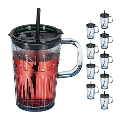 Afbeelding van Relaxdays drinkglazen met handvat set van 10 rietje en deksel sapglazen 450 ml grijs