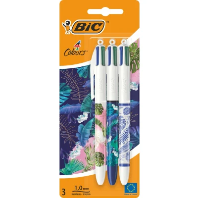 Afbeelding van BIC 4 Kleuren Decor Balpennen Botanical Serie Verschillende Botanische Designs Set van 3 Stuks Medium Punt 1 mm