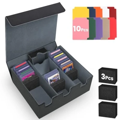 Afbeelding van MTG kaartenopbergdoos voor meer dan 1.800 kaarten met 10 kleurrijke scheidingswanden van PU leer, magnetisch, TCG en sport, grijs/zwart