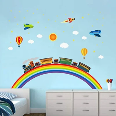 Afbeelding van ufengke Muurstickers Regenboog Trein Raket Vliegtuig voor Kinderkamer Jongens Woonkamer Speelkamer Wanddecoratie