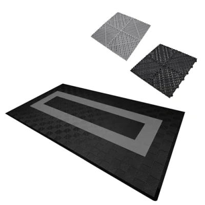 Afbeelding van Modulaire geventileerde kliktegels 90 zwart en 30 grijs 3,2m x 6m, polypropyleen, antislip, weerbestendig, 5 ton per tegel, inclusief randen, ideaal voor garage werkplaatsen.