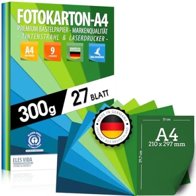 Afbeelding van 27 vellen fotoboek papier DIN A4 300 g/m² set 9 kleuren stabiel kraftpapier en kleurrijke vellen, kinderbladeren knutselen, accessoires marine groen gras oceaanblauw